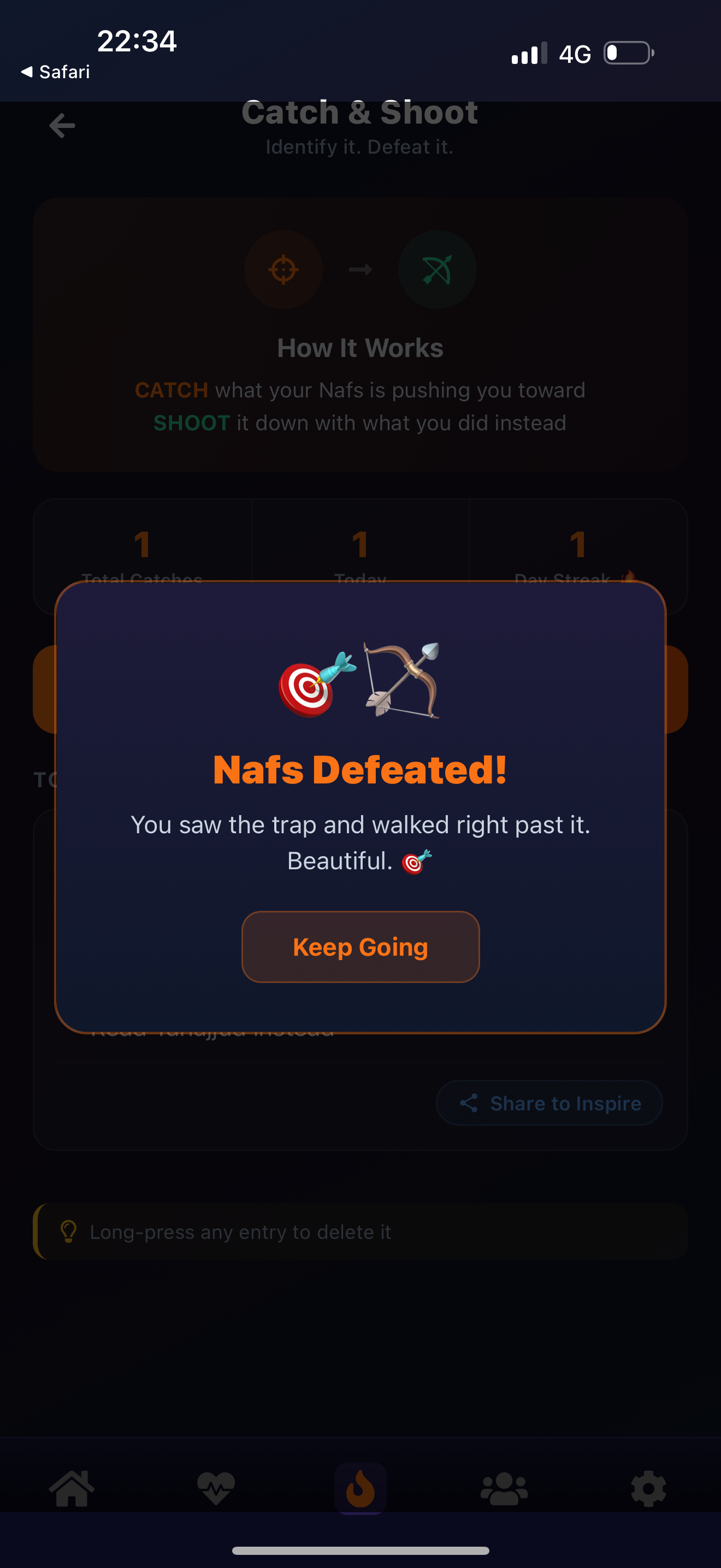 PrayBack Catch and Shoot system showing 'Nafs Defeated!' victory screen