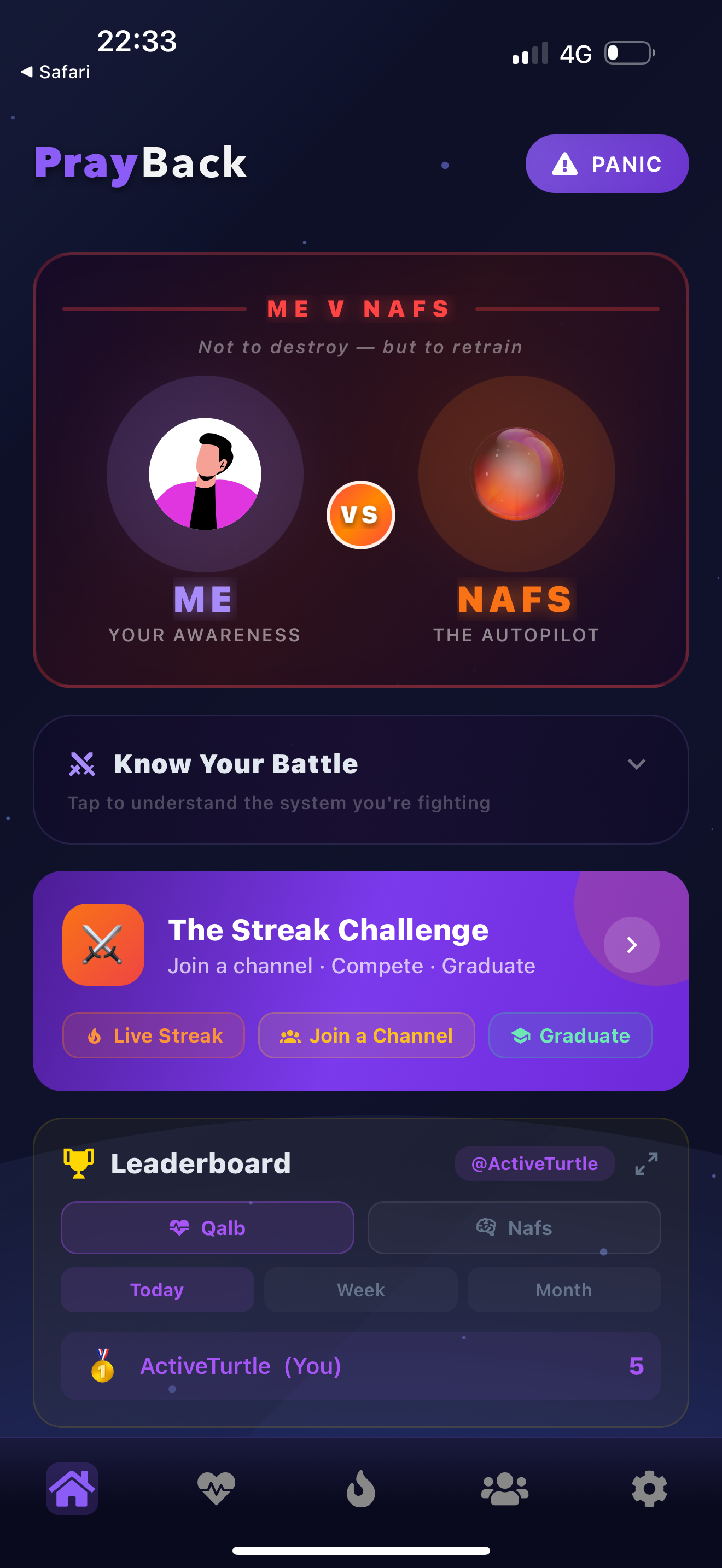 PrayBack home screen with PANIC button, ME V NAFS battle, Streak Challenge, and Leaderboard