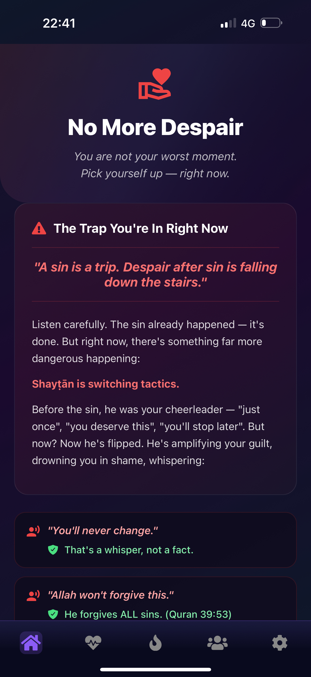 PrayBack No More Despair post-relapse protocol with Quranic guidance and whisper rebuttals